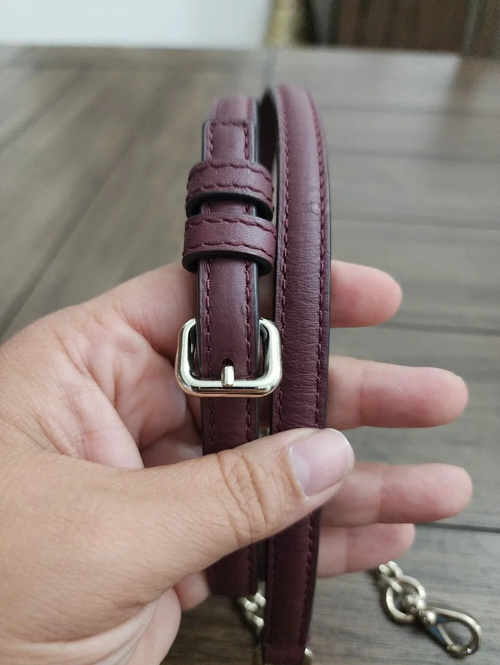 Burgundy Leather Crossbody Strap with Gold Chain 44in Longest